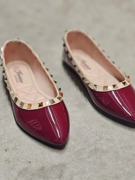 Studded Burgundy Patent Leather Flats With Pointed Toe & Quilted Insole - Picture 7 of 12